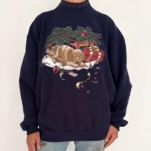 90s vintage blue christmas holiday puppy dog animal graphic pullover sweatshirt